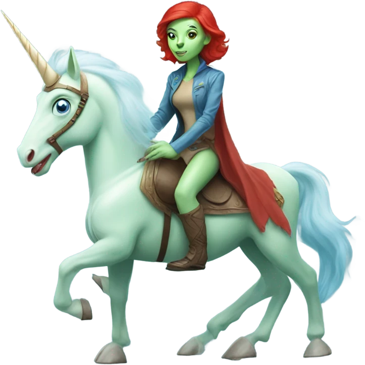 [
	{ woman: alien, color: light green, hair:red, eyes:blue] } 
	on a 
	[{ unicorn: white, legged:six, mane: light blue }] emoji