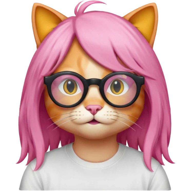 Orange Yellow cat wearing a long pink hair wig, black circle glasses, white T-shirt emoji
