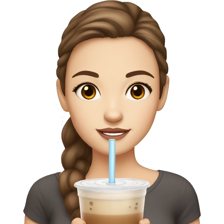 White girl with brown hair and brown eyes drinking bubble tea emoji