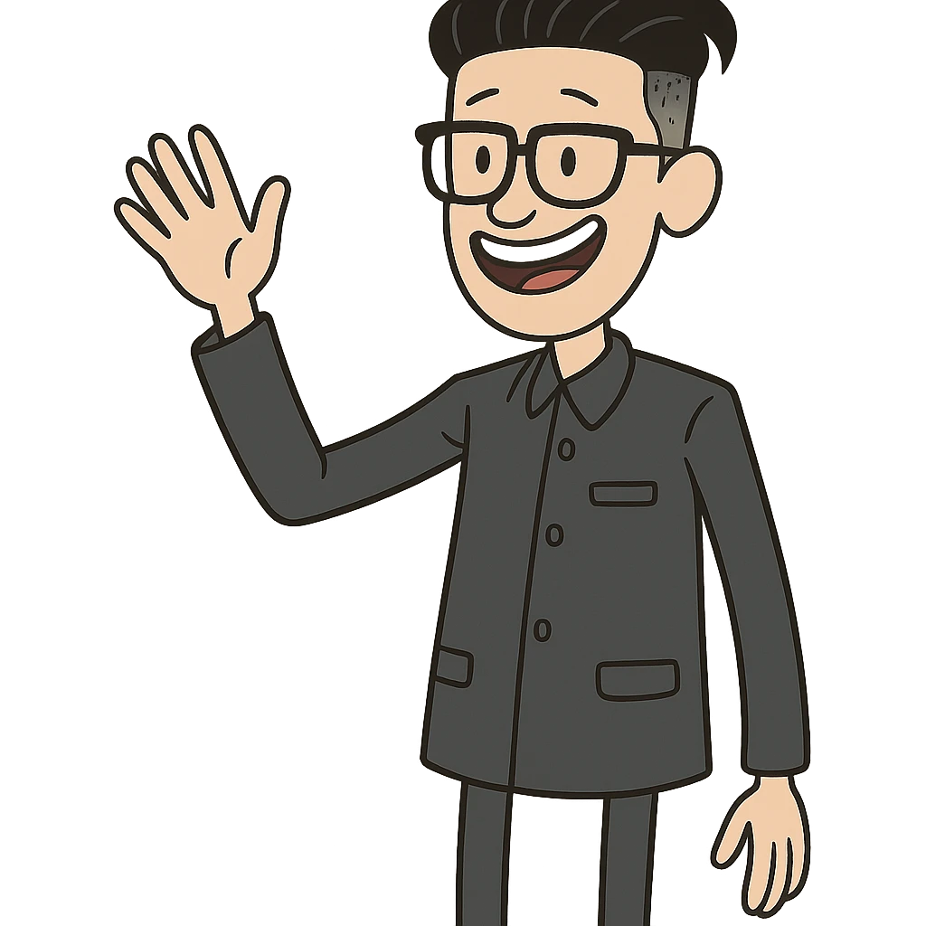 skinny cartoon version of Kim Jong Un, waving, wearing dark suit, cheerful and friendly, fun cartoon style emoji