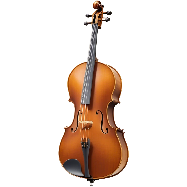 Create a refined and detailed emoji representing a Cremona cello with a bow. The design should feature the smooth, polished wooden body of the cello with a deep, rich tone color. The strings and tuning pegs should be visible, emphasizing the instrument's fine craftsmanship. Add a delicate bow placed gently across the strings, with intricate detailing on the hair and frog. Include subtle musical notes around the cello to evoke the graceful, classical sound. Use warm wood tones and accents like gold and silver for a professional, elegant look. The background should be transparent. emoji