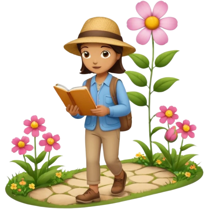 someone who's walking on a path and the person is reading a panel to learn about a flower emoji