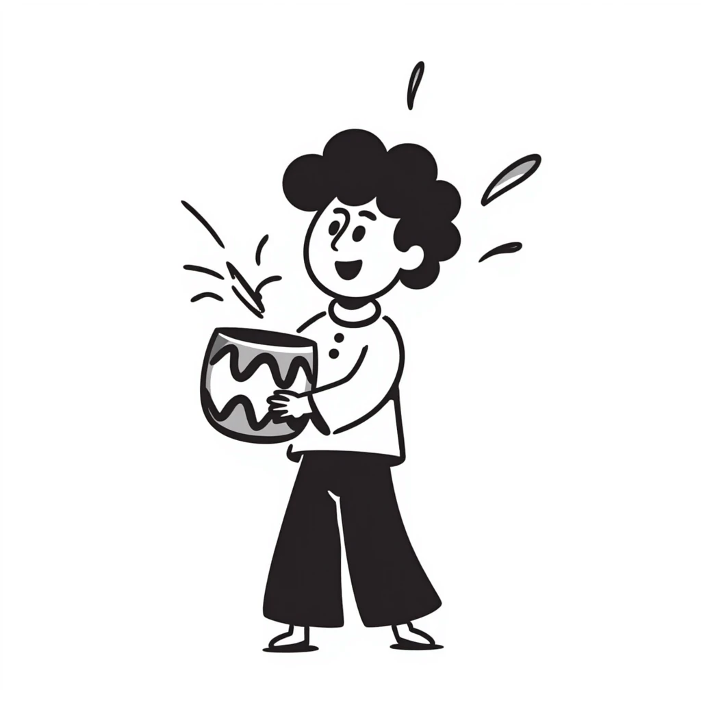 a cheerful character holding a drum and shouting 'tung tung tung tung sahur', with energetic motion lines, hand drawn doodle style emoji