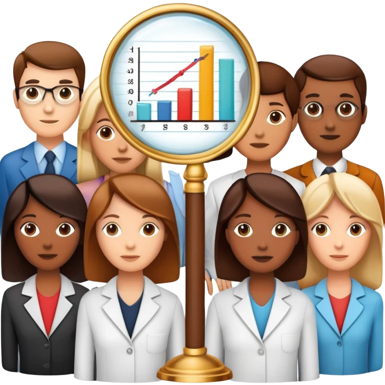 An icon featuring a group of diverse people, interconnected by lines, symbolizing sociology. The design includes a magnifying glass and a bar chart, representing the study of societies and social structures. Transparent background highlights the analysis of human behavior and social dynamics. emoji