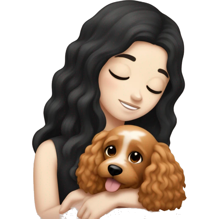 White skinned european girl with long black hair cuddling with an apricot coloured cockapoo emoji
