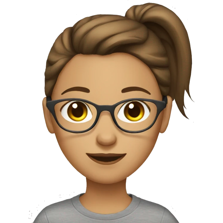 brown haired girl with ponytail wears glasses and wears a gray t-shirt emoji