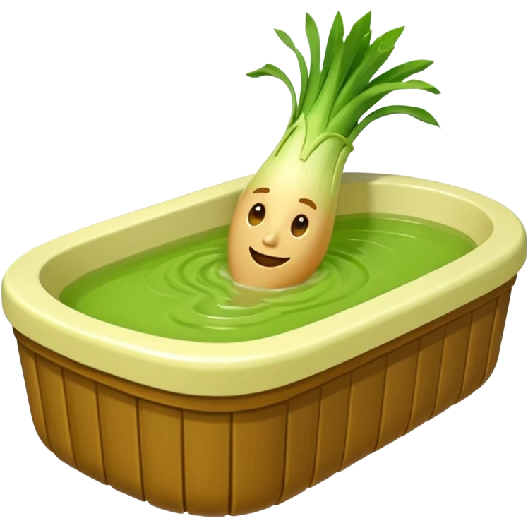 Create a 3D emoji of a relaxed leek in a jacuzzi filled with a slightly lumpy, yellowish-brown sauce emoji
