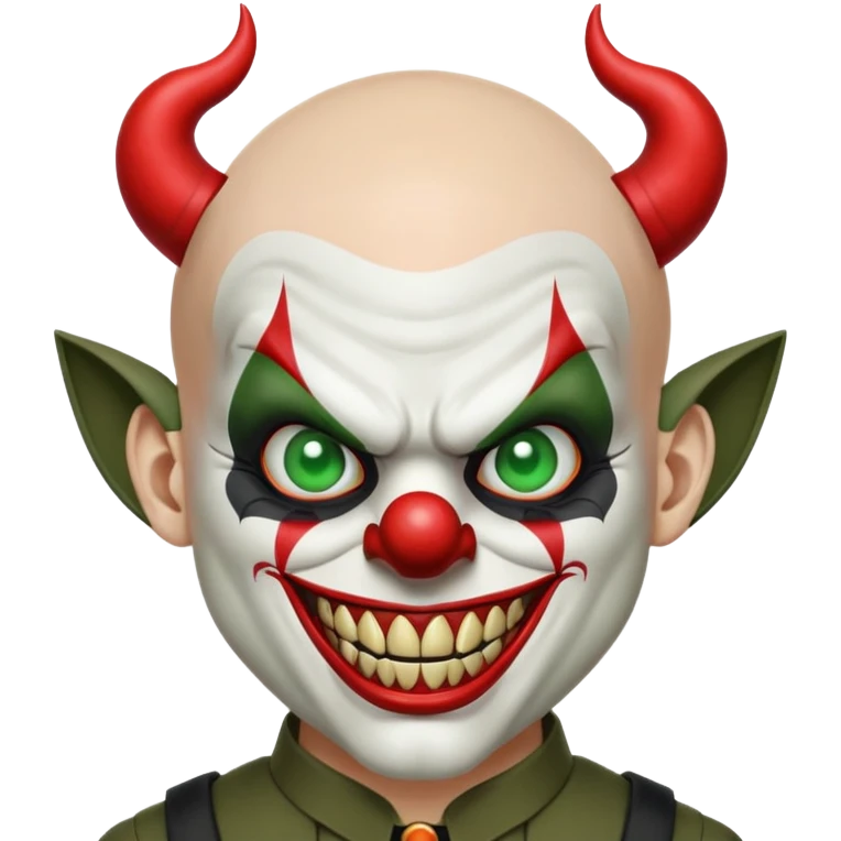 evil clown, bald, short devil horns on forehead, fangs, pointed ears, black and military green leisure suit, battle-ready fighting posture emoji