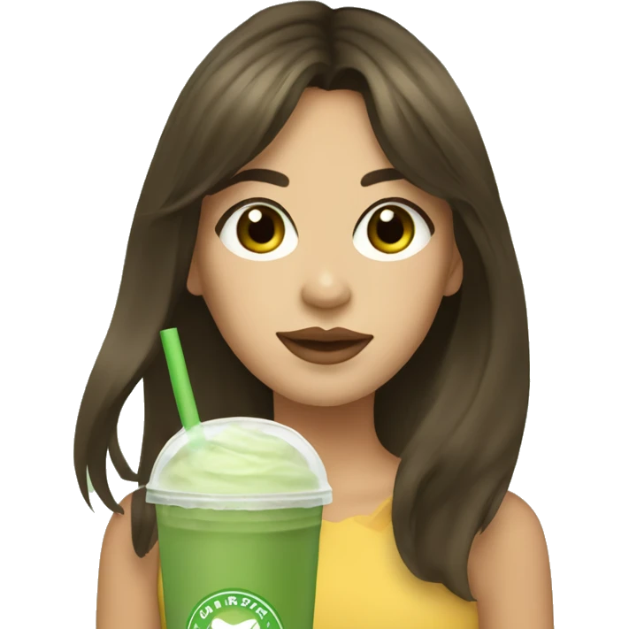 brunette girl with curtain bangs with brown eyes drinking an iced matcha latte  emoji