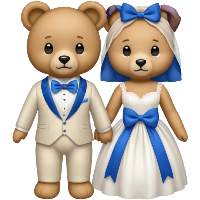 Teddy bear wearing white wedding dress holding the hand to another teddy bear wearing a big royal blue bow tie emoji