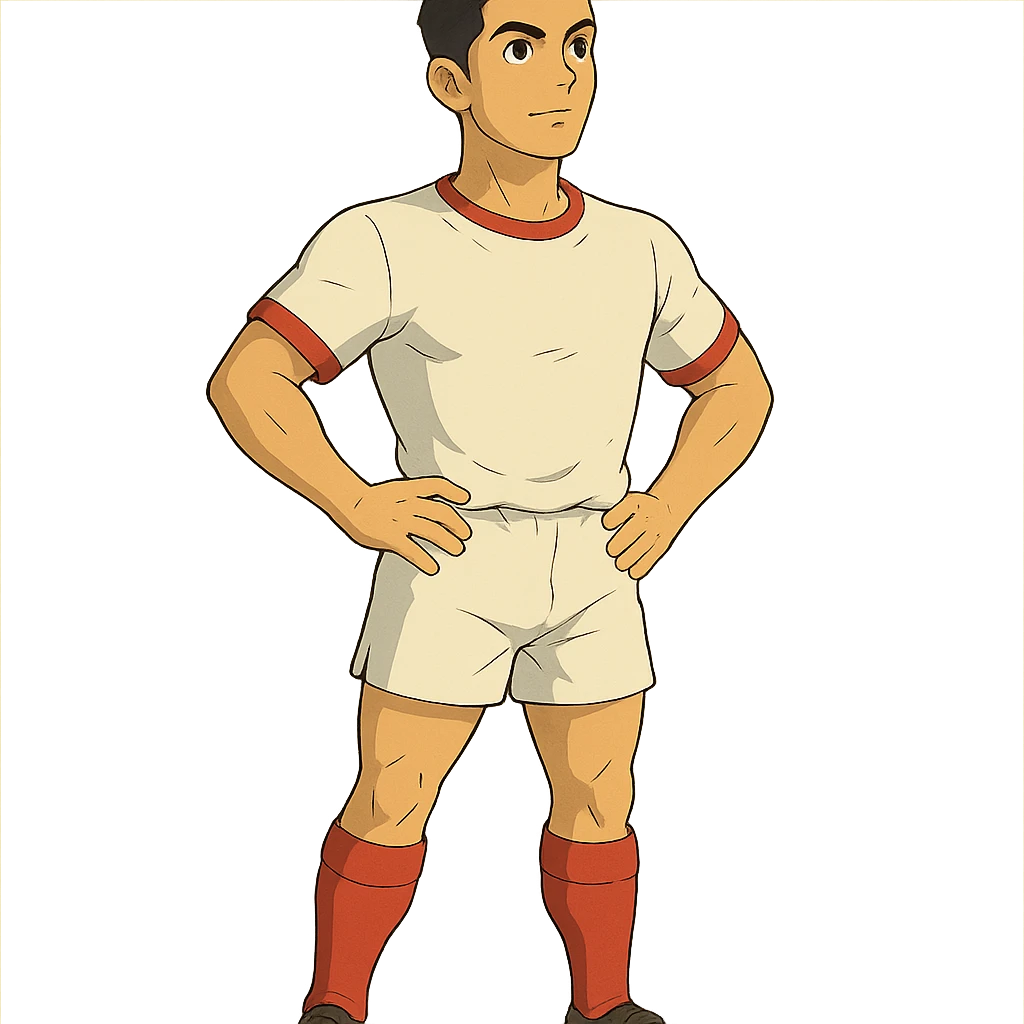ghibli style soccer player with athletic build, short dark hair, inspired by Cristiano Ronaldo emoji