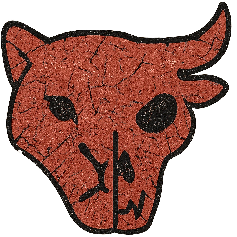 an extremely abstract and heavily worn red icon of merged stoat face and minotaur skull, with extensive scratches, eroded edges, and deliberate damage, very sparse details with most lines broken and incomplete, heavily weathered texture like ancient damaged parchment, full of scrapes and worn spots emoji