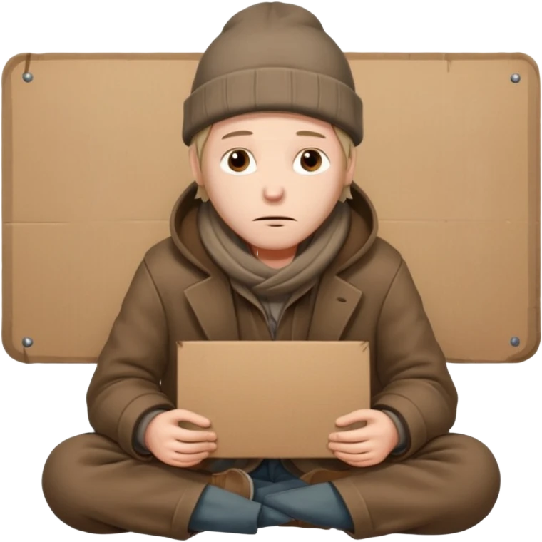 A tired homeless man wearing a worn brown coat and beanie, sitting quietly with a cardboard sign in his hands.
 emoji