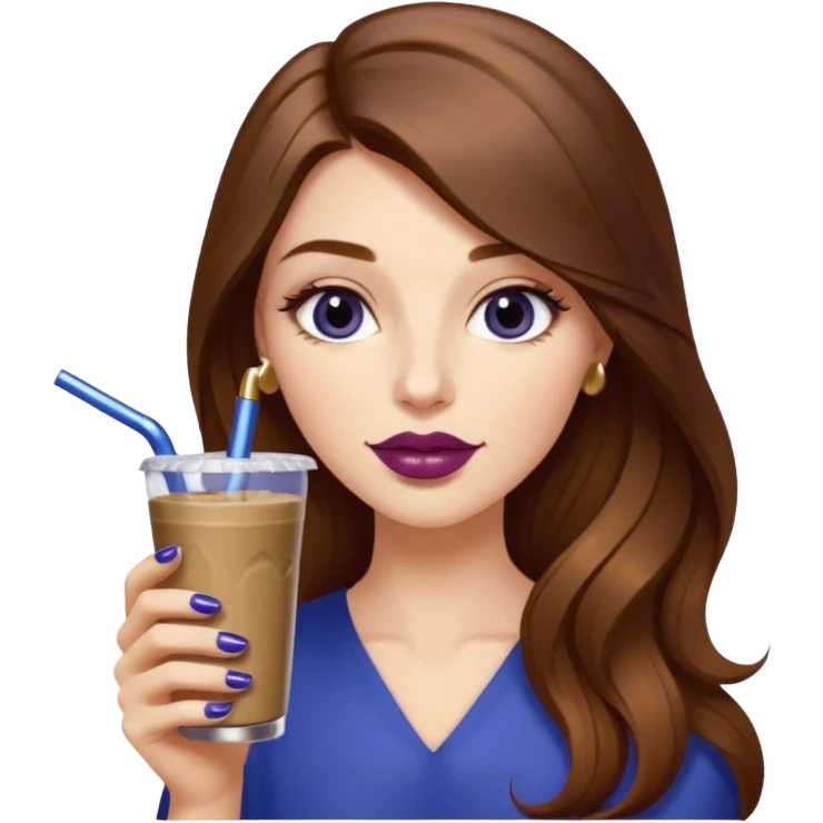 girl with long brown hair, wine lipstick, gold nail polish, drinking a blueberry butter pecan iced coffee with a metallic straw  emoji