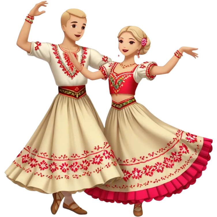 Cinematic Realistic scene of two dancers performing the Mazurka, dressed in vibrant traditional Polish costumes with intricate embroidery and flowing skirts, captured in graceful motion with warm, festive lighting emoji