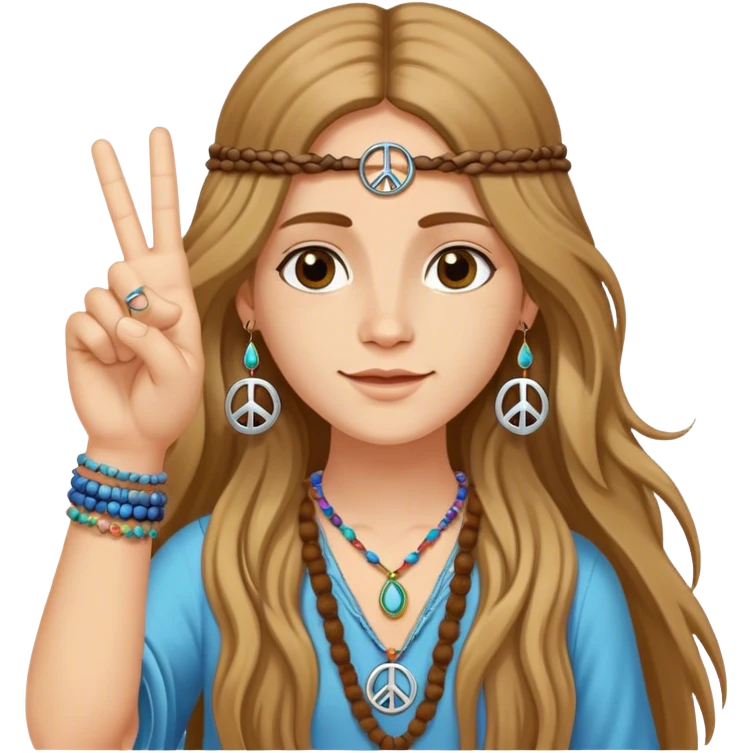 Hippie with 2 fingers up giving the peace sign. Also with peace sign earrings and long hair emoji