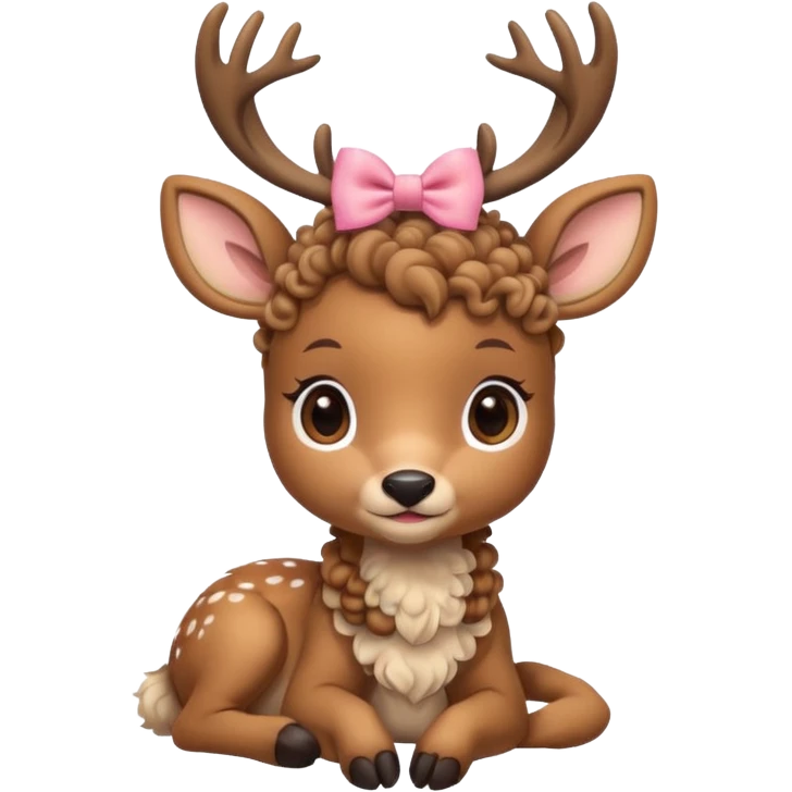 cute deer with curly fur, sitting down, wearing a bow on its head. emoji
