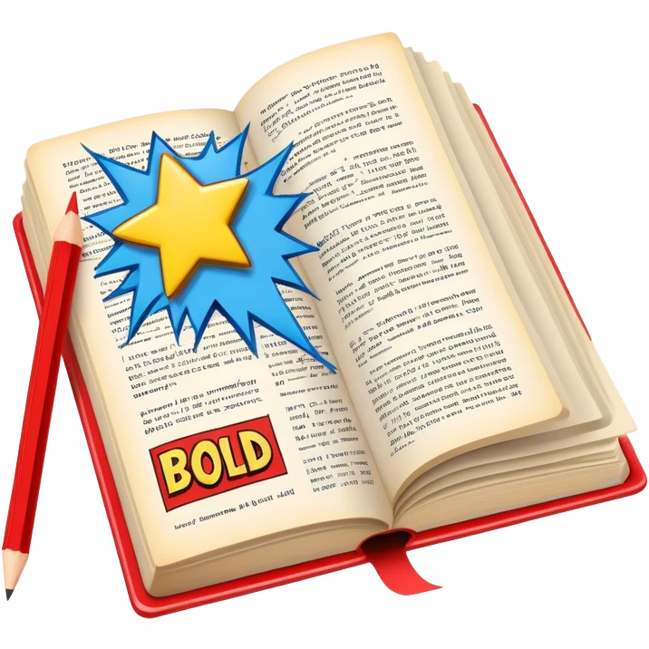 Create a vibrant emoji representing comic books and graphic novels. The design should feature a large, open comic book or vintage comic magazine with pages displaying classic comic art, with text. The comic pages should have bold, dynamic panels and action scenes. Include a pencil writing on the pages, but without a hand, to symbolize the artistic creation of comics. Use bright colors like red, blue, and yellow, with a retro feel to the design. Make the background transparent. emoji