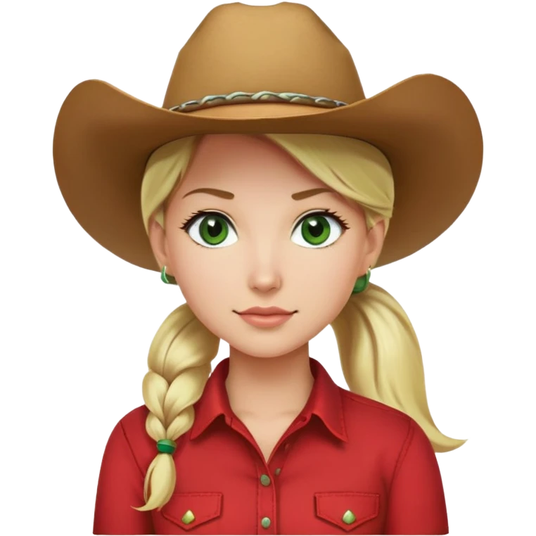 woman red shirt cowboy hat green eyes blonde hair with a ponytail resting on the right shoulder emoji