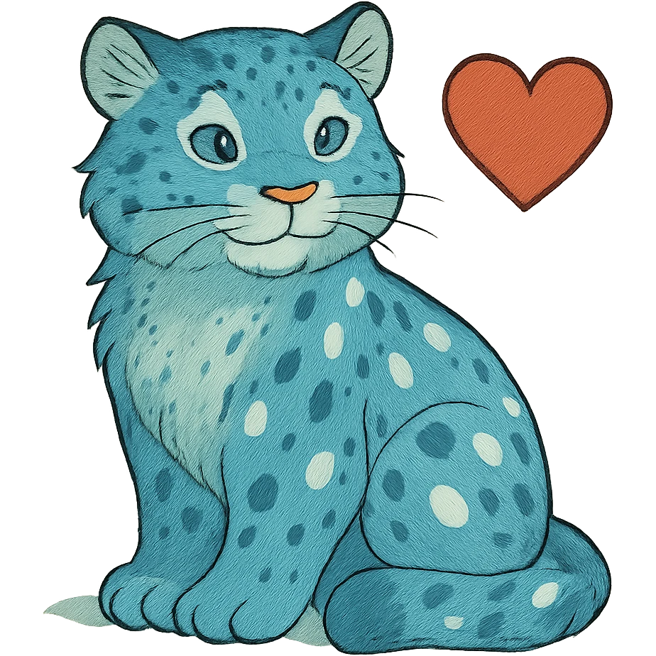 ghibli style snow leopard with blue fur, white spots, and a heart emoji