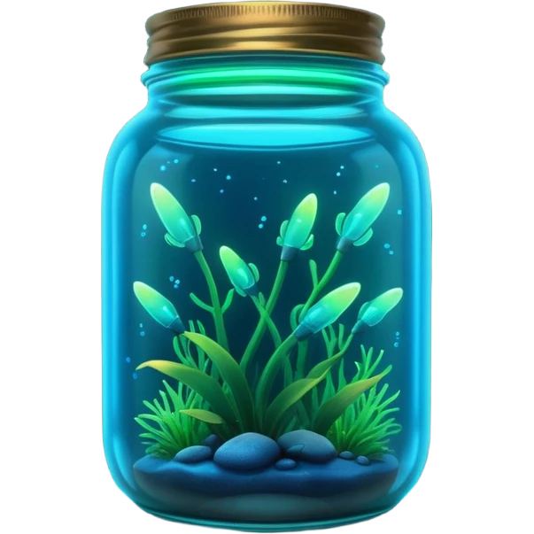 3D render of Firefly Jar, bioluminescent deep sea style, glowing neon blue and green lights, dark background to contrast the glow, translucent organic textures. emoji