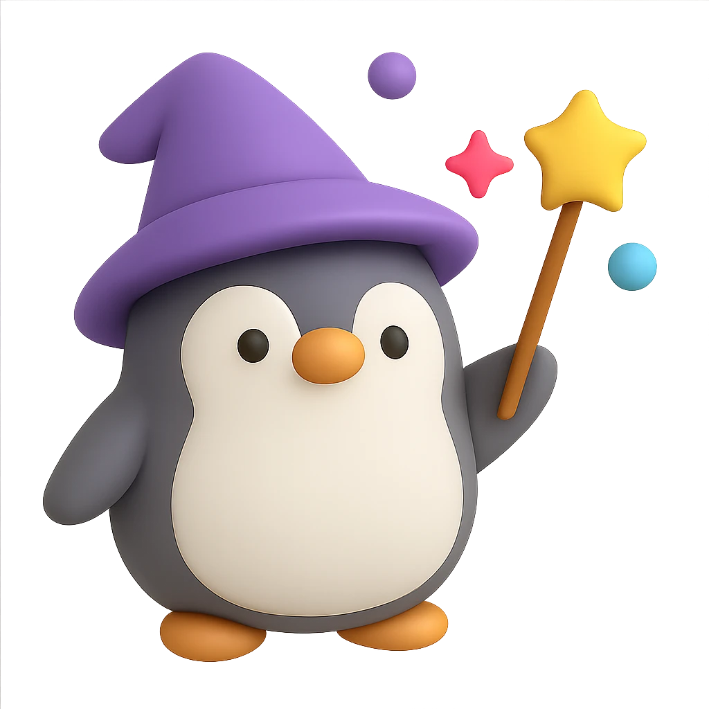 A cute penguin in wizard hat casting magical spells with a wand emoji