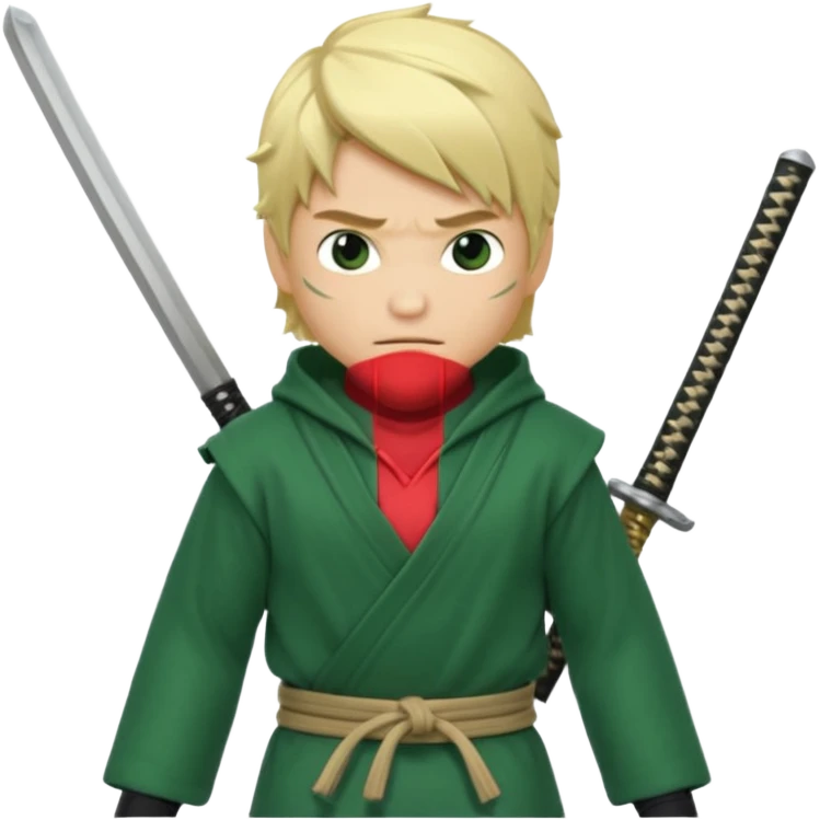 Green ninja Lloyd garmadon blonde hair, kaptur hoody on his head but blonde grzywka visible; the bottom left one is best (the one without miecze + black band + no mask of face) but add miecz; I want no band on head  emoji