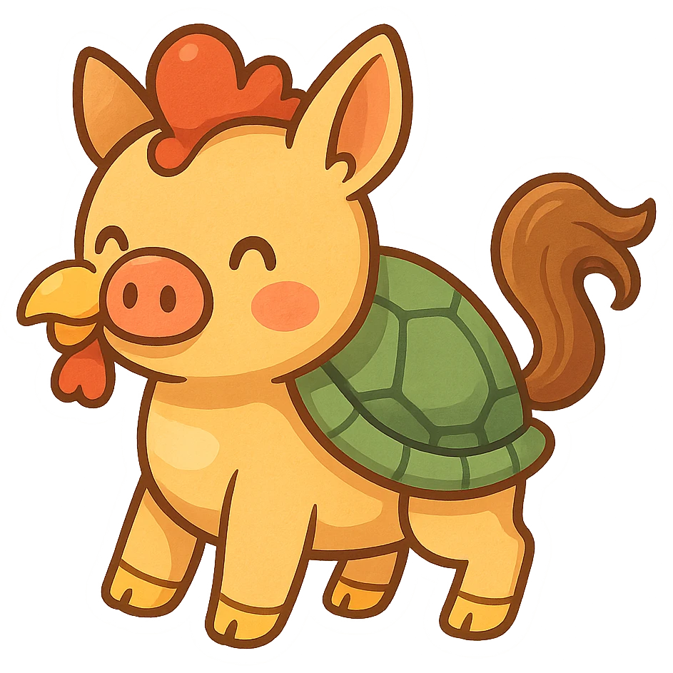 whimsical creature combining features of a pig, chicken, turtle, and horse, in a fun and imaginative style, cartoonish, colorful, playful emoji