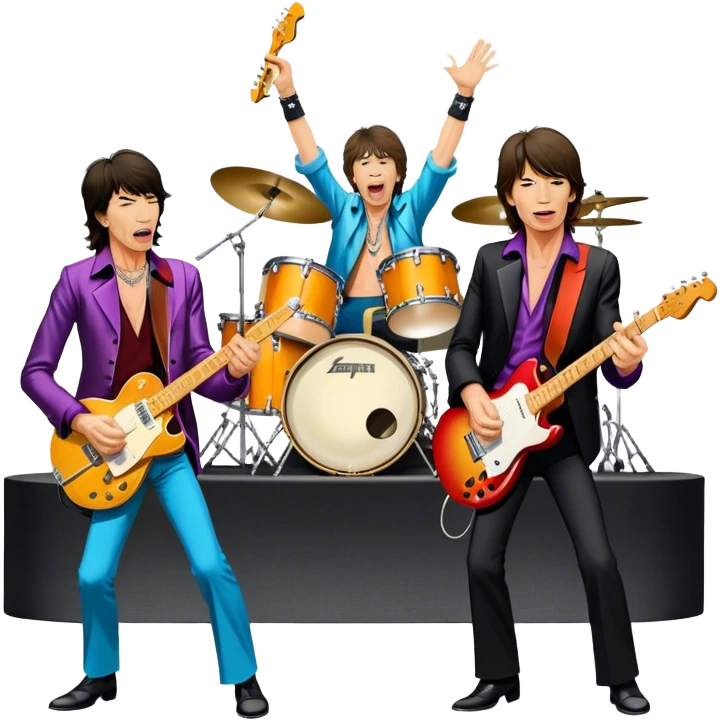Icon for Rock Music: The Rolling Stones live on stage with Mick Jagger performing vocals, Keith Richards playing guitar, and Charlie Watts on drums. Iconic stage lights, electric guitars, and energetic crowd. Transparent background. emoji