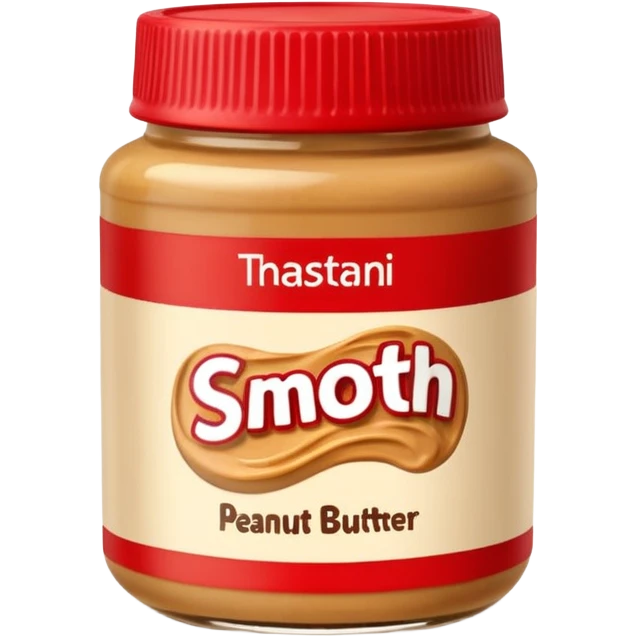 transparent jar of smooth peanut butter with golden-brown creamy swirl, simple brown or red lid, minimal or no label, rich thick appetizing texture, soft lighting, subtle shadows, emoji scale emoji