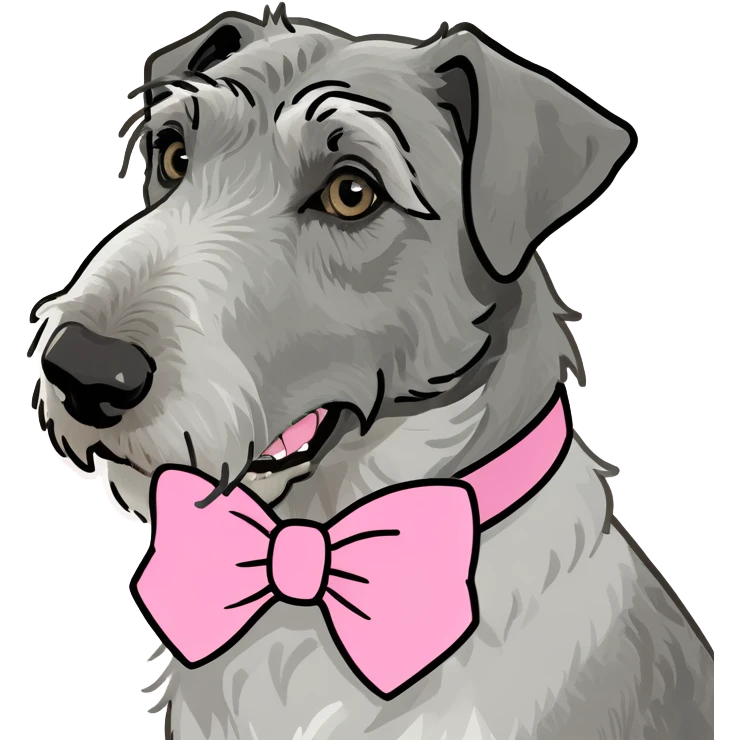 A grey/white Irish wolfhound wearing a pink bow emoji