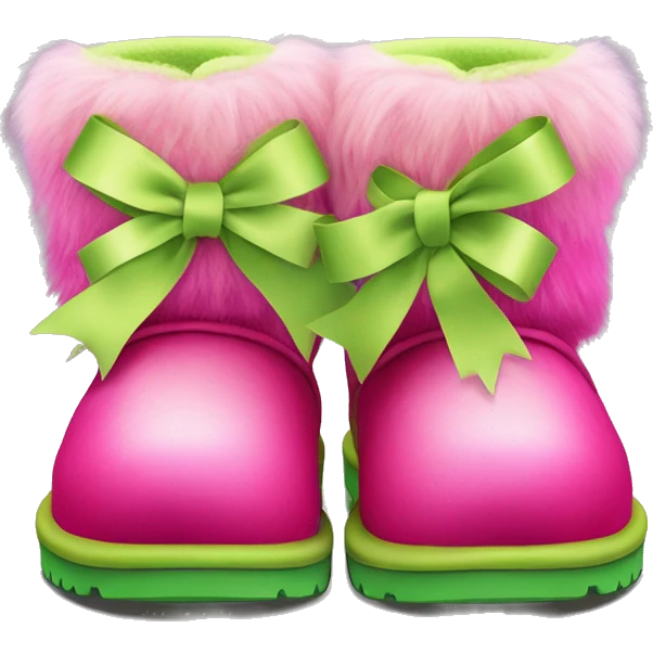 Realistic pair of hot pink to lime green ombre fur Ugg boots with silk ribbon bows. emoji