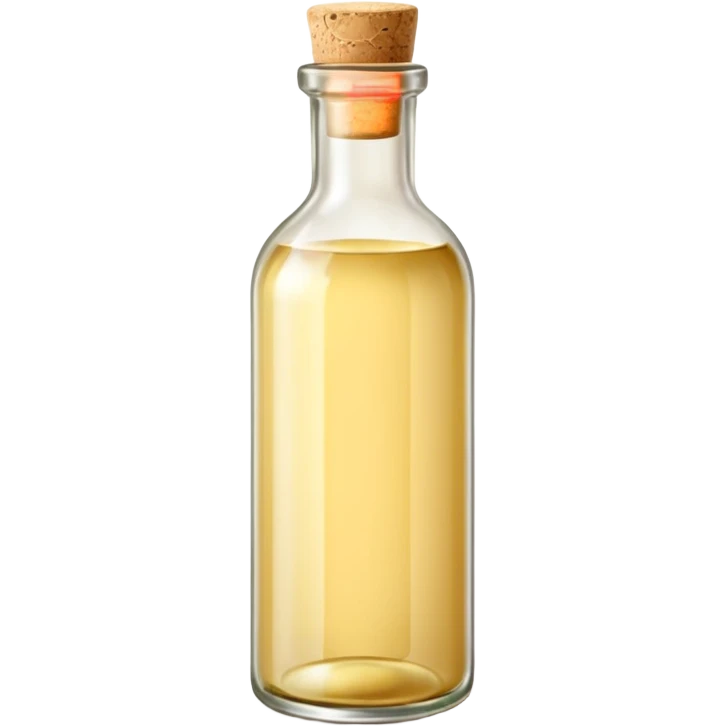 simple glass bottle with pale golden liquid inside, capped with a cork or screw cap, slender practical shape, soft label suggesting everyday use, clear light yellow hue visible through the glass, no glass, pour, or branding, closed bottle, soft lighting, subtle shadows, emoji scale emoji
