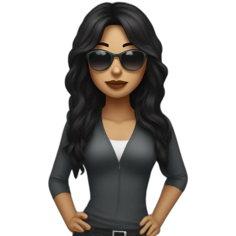 solo girl with long black hair with sunglases and computer emoji