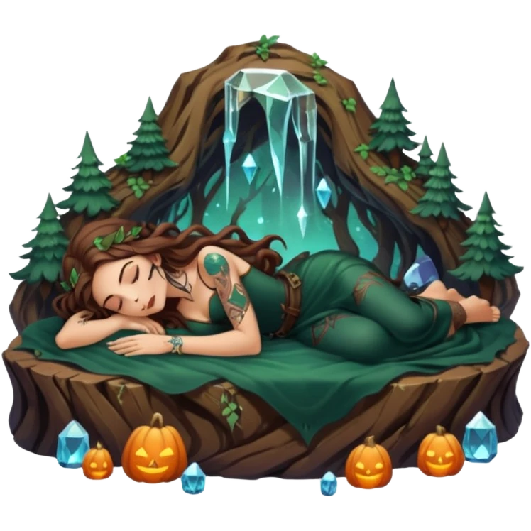cute forest witch woman long wavy brown hair tattoos napping on crystal emoji