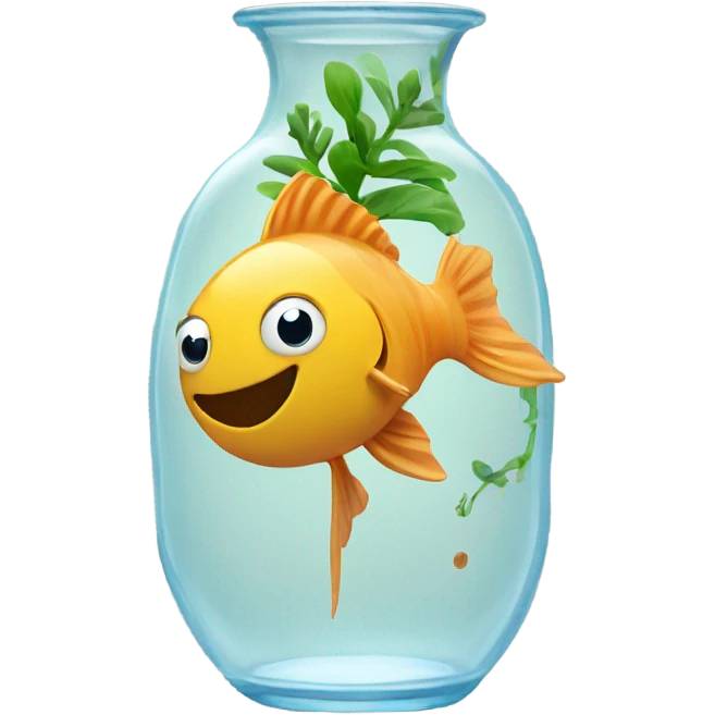 fishes in a clear vase with plant roots. emoji