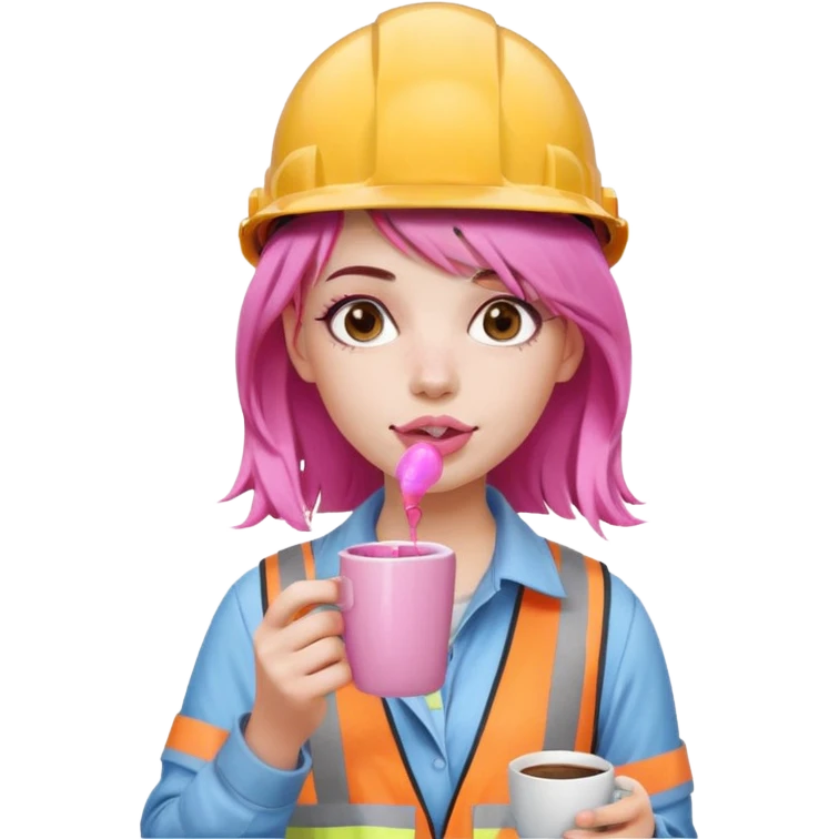 сделай молодую девушку с розовыми волосами, накрашенную красиво, с стаканчиком кофе, в каске, и во рту у нее пузырь из жвачки розовый emoji
