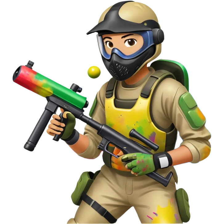 A dynamic scene of a player in action, holding a paintball gun and wearing protective gear. The background shows a vibrant paintball field with obstacles, colorful splatters of paint in the air, and an intense, competitive atmosphere. emoji