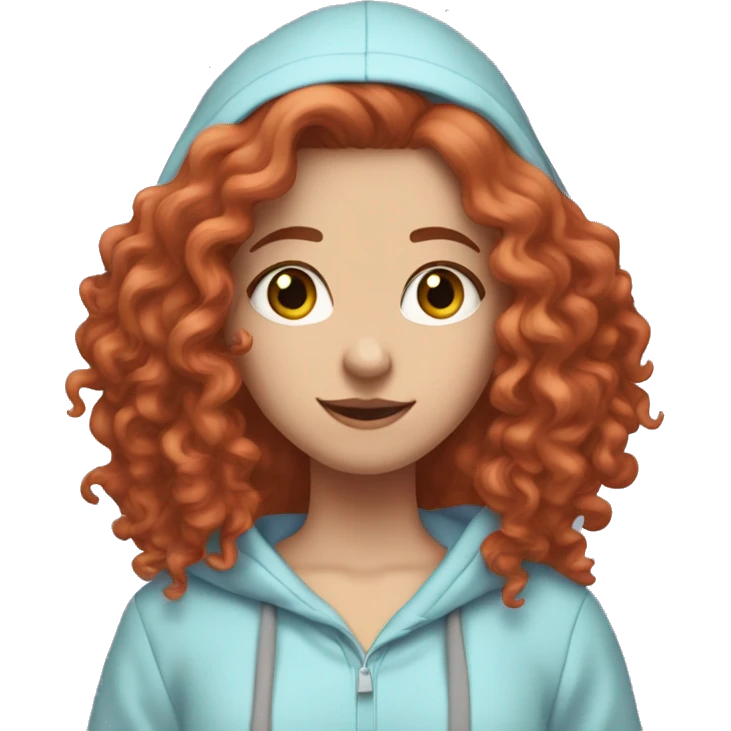white girl with long red curly hair, wearing a pastel periwinkle hoodie doing a pose emoji
