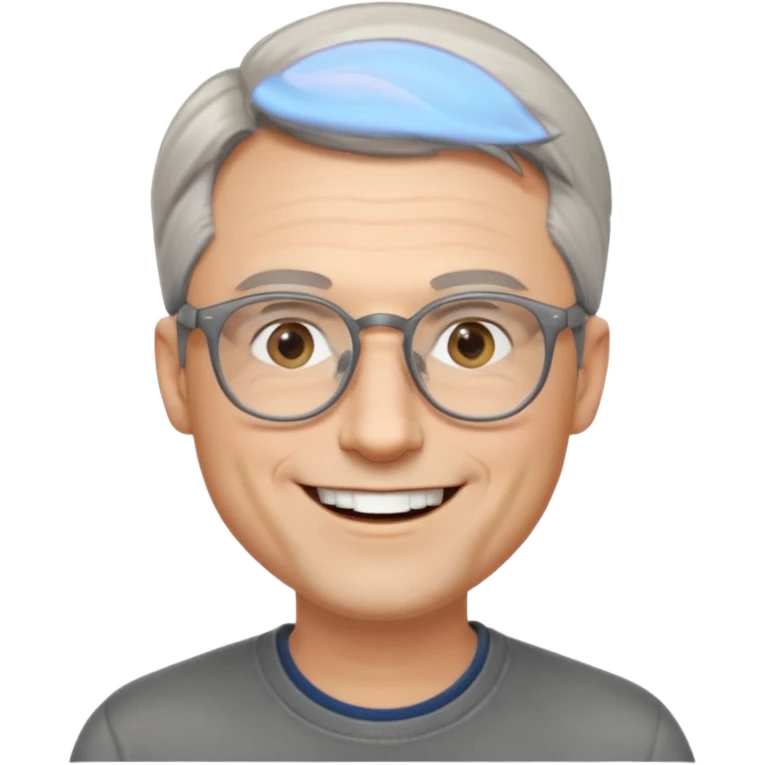 40 yr old pale white man, grey side swept hair, round glasses, big smile, white teeth, handsome, longer hair, thin glasses, no wrinkles emoji