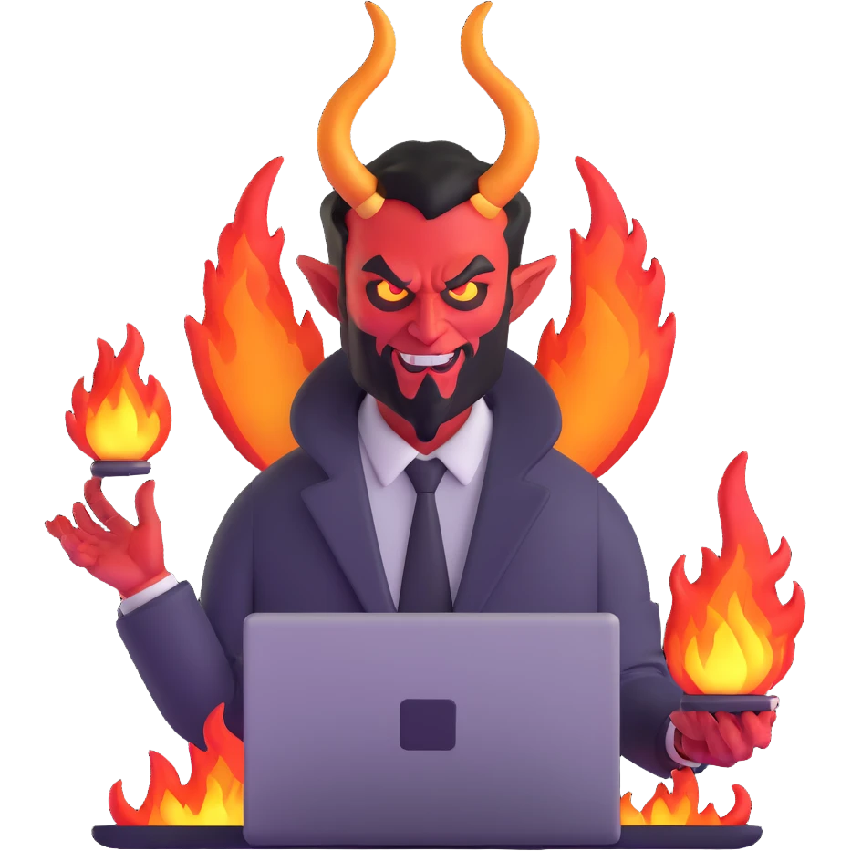 sinister demon salesman with laptop and fire effects emoji
