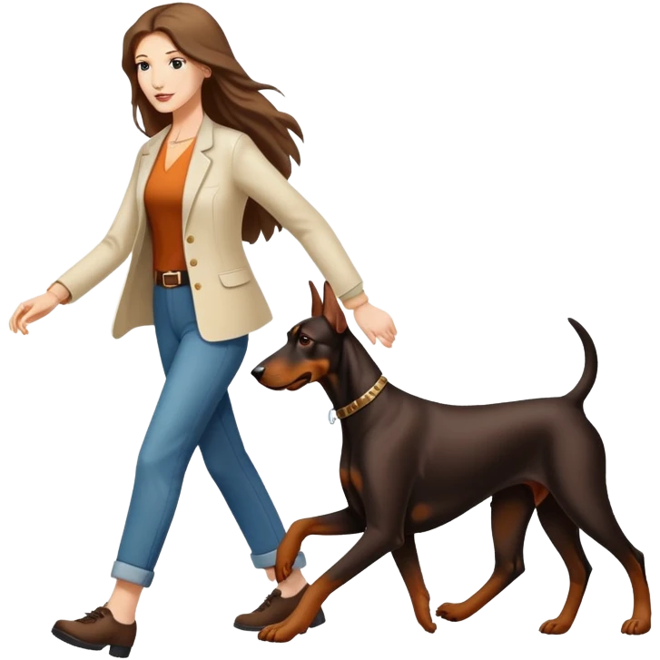 A long-haired white woman walking a Doberman emoji