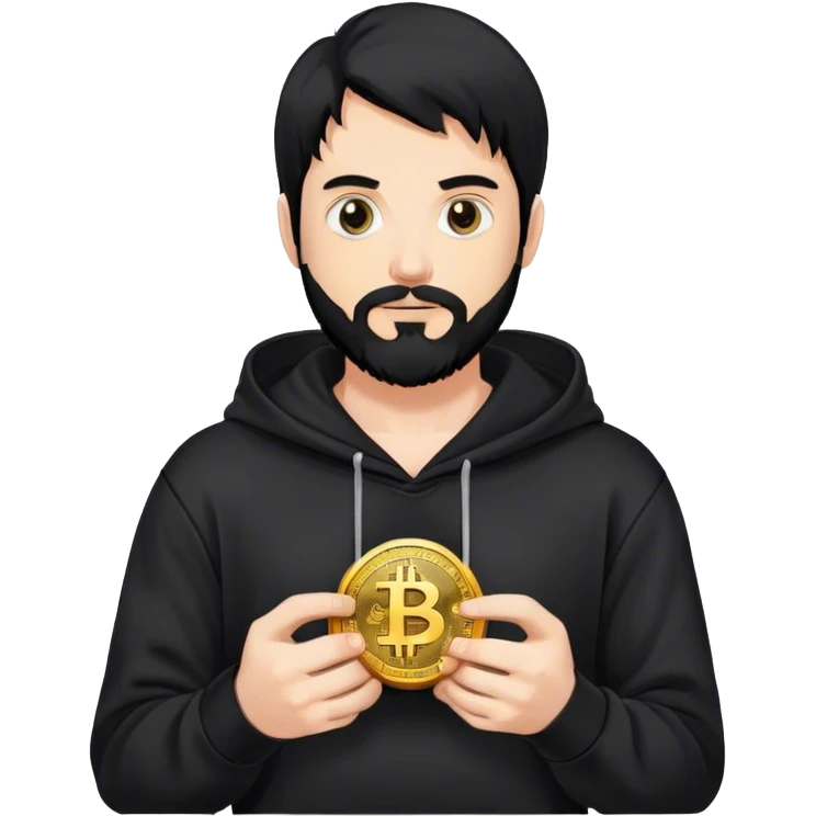 hackeur blanc cheveux noir barbe et capuche noir avec un bitcoin emoji