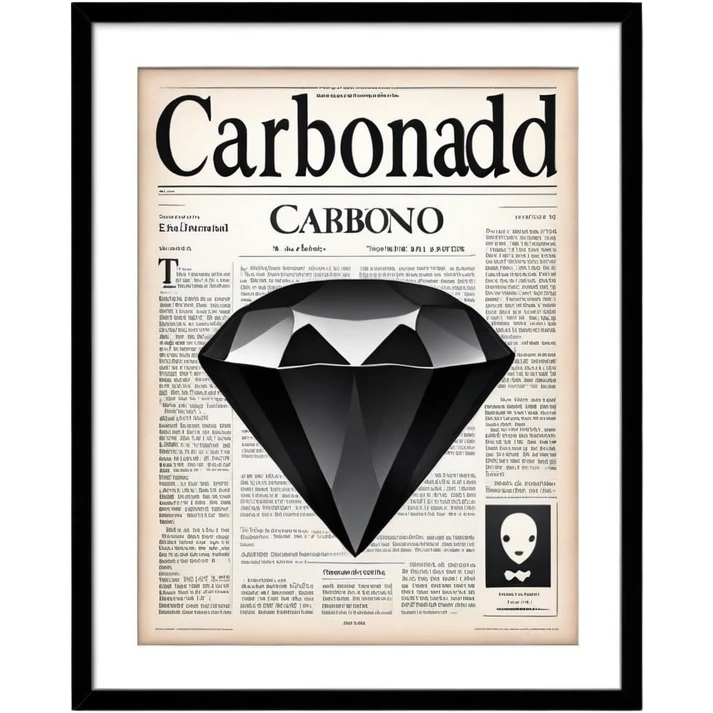 a large newspaper. The  has the title “Carbonado” in bold letters and features a central image of a shining black diamond.background is minimalistic and light. The overall atmosphere chic, sophisticated. emoji