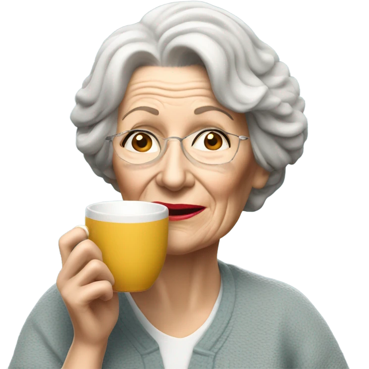 3d hyper realistic senior woman drinking a cup of tea with a biscuit  emoji