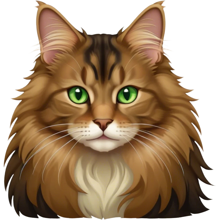 A light brown and black long haired Maine coon cat with green eyes emoji