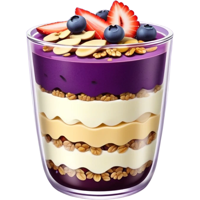 Açaí in a clear cup with layers of fruits and granola and condensed milk emoji