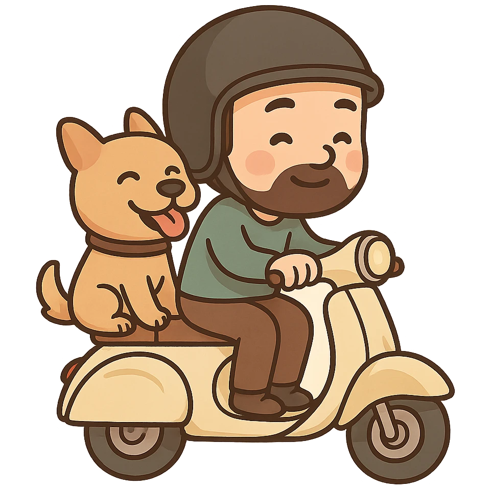 man and his pet dog riding a vespa emoji