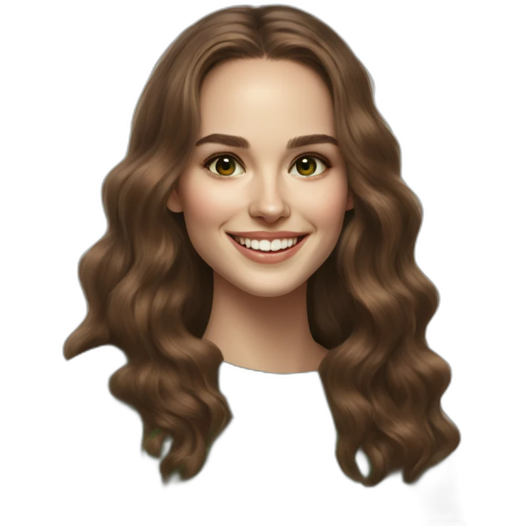 beautiful girl, white, with long loose wavy hair, brown hair, brown green eyes, looks like natalie portman, smiles at the camera, good teeth, white sweater, realistic drawing emoji