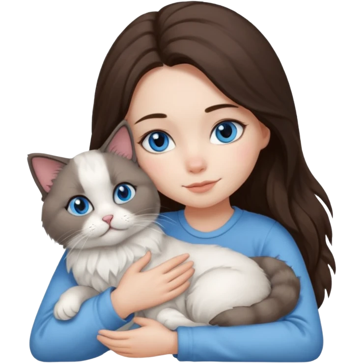 Brunette girl blue eyes snuggling 1 ragdoll cat emoji